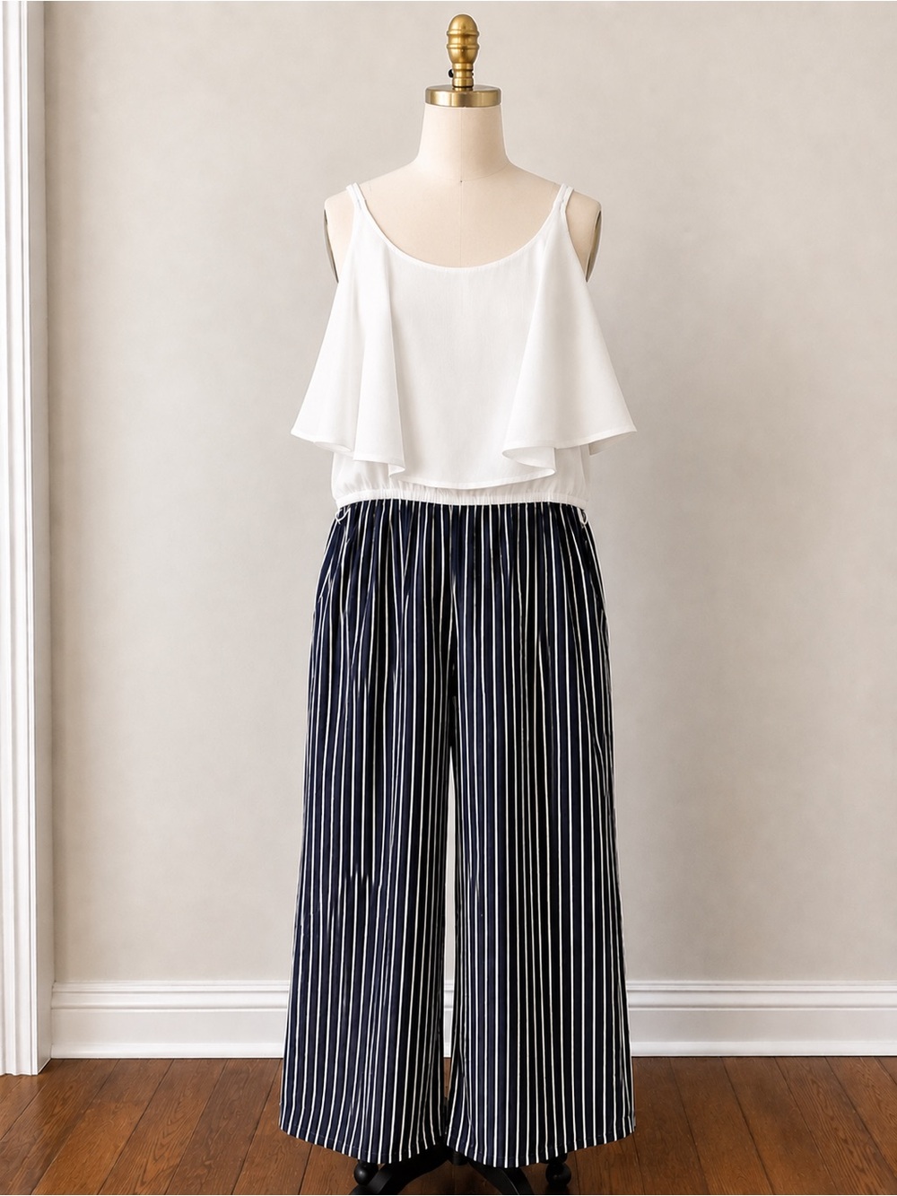 Sweet Wanderer White Ruffle Tank with Navy Pinstripe Wide-Leg Jumpsuit
